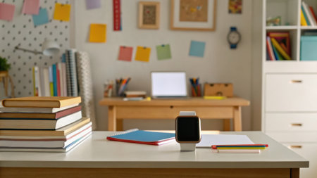 Smart watch on the table in the room with books and stationeryの素材