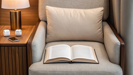 Open book with pillow on sofa in living room, interior design conceptの素材