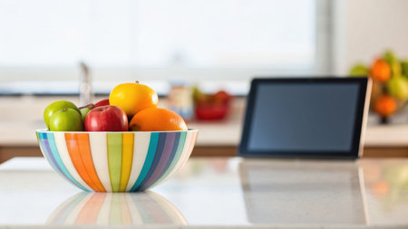 Fruits in bowl with digital tablet on table in kitchen at homeの素材
