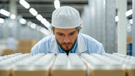 Concentrated young male worker in white cap and blue uniform standing near rows of cardboard boxes in warehouseの素材