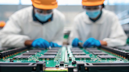 Technicians in protective suits working on electronic circuit board in factory.の素材