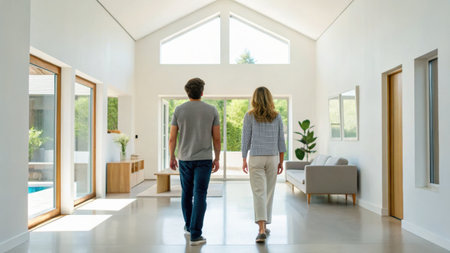 Rear view of a young couple walking in the hallway of their new houseの素材