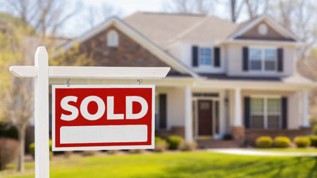 Sold Real Estate Sign in Front of New House. 3D Renderingの素材