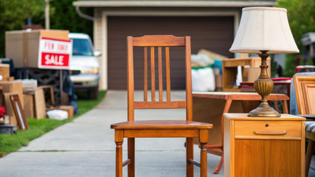 Wooden chair with lamp and table in front of the house.の素材
