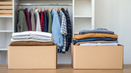 Clothes in a box on a shelf in a wardrobe or wardrobeの素材