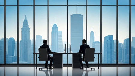 Businessman and businessman sitting at the table in office with city viewの素材
