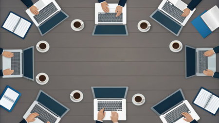 Top view of business people hands working with laptop and coffee cup on wooden table. Vector illustration.の素材