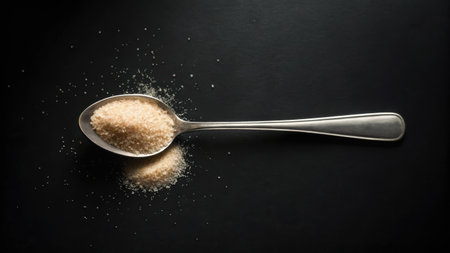 Sugar in a spoon on a black background. Selective focus.の素材