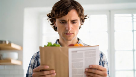Portrait of man reading newspaper while holding grocery shopping bag in kitchenの素材