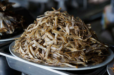 The dried small fish prepare for cooking in the resterant in Thailand