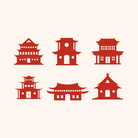 Set of chinese building icons. Vector illustration in flat style.のイラスト素材