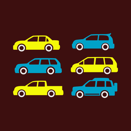 Set of cars icons. Vector illustration in flat style. Isolated on dark background.のイラスト素材