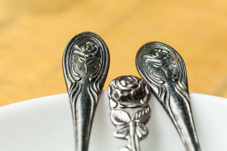 emboss and painting on spoon fork and knife set.の写真素材