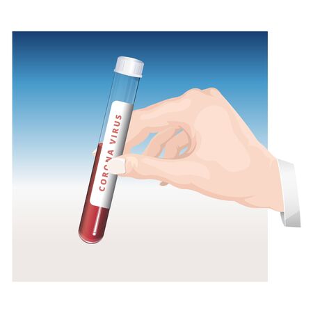 Human Hand holding Blood Sample in Glass Collection Tube with Corona Virus Label - Illustrationのイラスト素材
