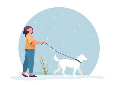Women walking dog in cold snow winter - Stock Illustration as EPS 10 Fileのイラスト素材