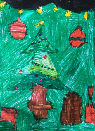 child Sketch of Christmas Tree with green sketch pens - Stock Image as JPG Fileの写真素材