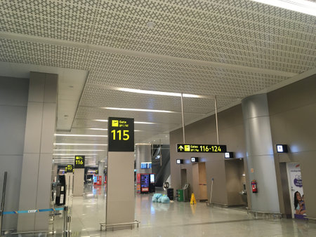 Gate Number Signage at Departure Hall of New Terminal Extension at Rajiv Gandhi International Airport - Hyderabad,  India on 14th April 2024 - Stock Image as JPG Fileのeditorial素材