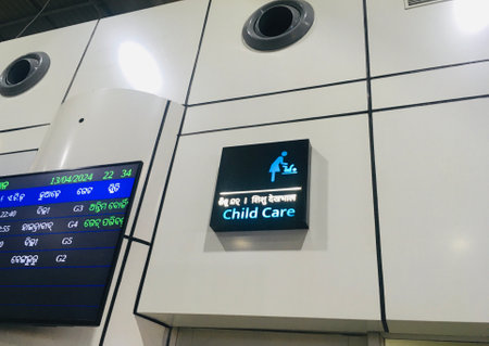 Signage for Child Care room at Departure Hall of Biju Patnaik International Airport in Bhubaneswar, Odisha on 13th April 2024 as JPG Fileのeditorial素材