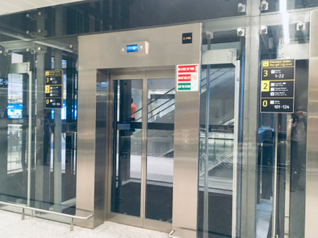 New Glass Elevator at Departure Hall of New Terminal Extension at Rajiv Gandhi International Airport - Hyderabad,  India on 14th April 2024 - Stock Image as JPG Fileのeditorial素材
