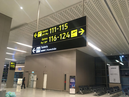 Gate Number Direction Signage at  Departure Hall of New Terminal Extension at Rajiv Gandhi International Airport - Hyderabad,  India on 14th April 2024 - Stock Image as JPG Fileのeditorial素材