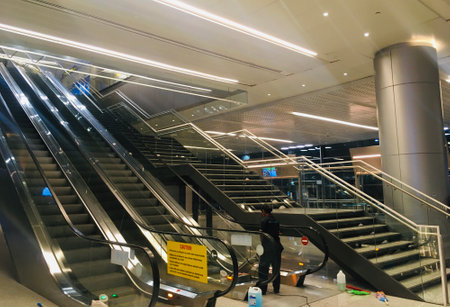 Staircase and Escalators at Departure Hall of New Terminal Extension at Rajiv Gandhi International Airport - Hyderabad,  India on 14th April 2024 - Stock Image as JPG Fileのeditorial素材
