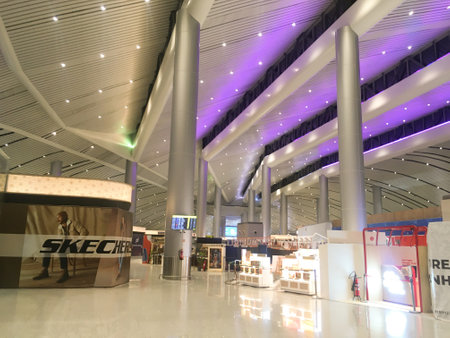 Modern steel structure ceiling at Departure Hall of New Terminal Extension at Rajiv Gandhi International Airport - Hyderabad,  India on 11th June 2024 as JPG Fileのeditorial素材