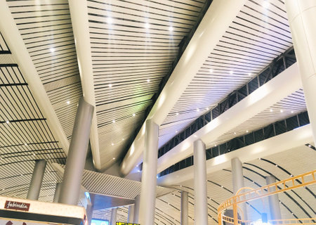 Modern steel structure ceiling at Departure Hall of New Terminal Extension at Rajiv Gandhi International Airport - Hyderabad,  India on 11th June 2024 as JPG Fileのeditorial素材