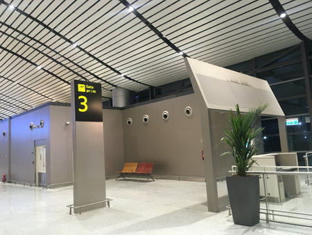 Gate Number Direction Signage at Departure Hall of New Terminal Extension at Rajiv Gandhi International Airport - Hyderabad,  India on 11th June 2024 as JPG Fileのeditorial素材