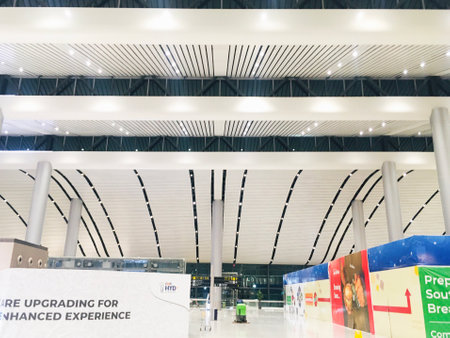 Modern steel structure ceiling at  
 Departure Hall of New Terminal Extension at Rajiv Gandhi International Airport - Hyderabad,  India on 11th June 2024 as JPG Fileのeditorial素材