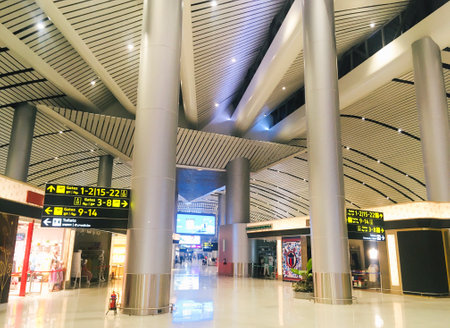Modern steel structure ceiling at Departure Hall of New Terminal Extension at Rajiv Gandhi International Airport - Hyderabad,  India on 11th June 2024 as JPG Fileのeditorial素材