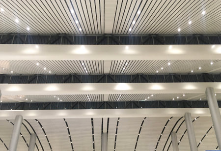 Modern steel structure ceiling at  Departure Hall of New Terminal Extension at Rajiv Gandhi International Airport - Hyderabad,  India on 11th June 2024 as JPG Fileのeditorial素材