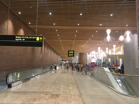 Engineered Bamboo Usage and Red Bricks at Domestic Departure Hall of Terminal 2 (T2), Kempegowda International Airport, Bangalore, India - 18th June 2024 as JPG Fileのeditorial素材