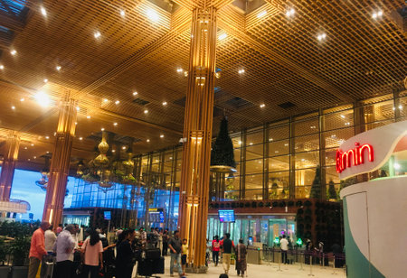 Engineered Bamboo Structure at Domestic Departure Area of Terminal 2 (T2), Kempegowda International Airport, Bangalore, India - 18th June 2024  as JPG Fileのeditorial素材