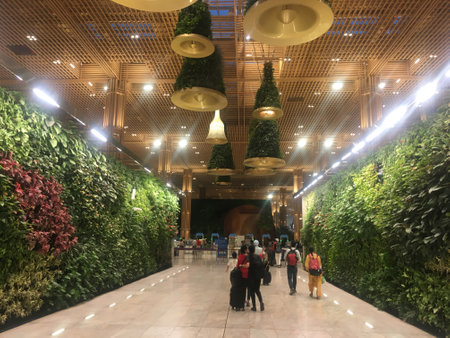 Hanging Green Bell Installation with Lights and Engineered Bamboo Paradise at Domestic Departure Hall of Terminal 2 (T2), Kempegowda International Airport, Bangalore, India - 18th June 2024 as JPG Fileのeditorial素材