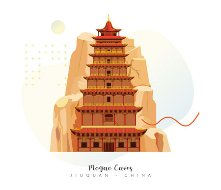 The Mogao Caves - the Thousand Buddha Grottoes - Dunghuang, Gansu in China - Stock Illustration as EPS 10 Fileのイラスト素材