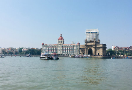 View of The Gateway of India and Taj Mahal Hotel from Ferry - Mumbai, India - Stock Images as JPG Fileの写真素材