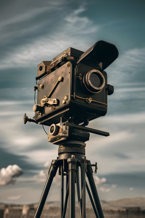 Vintage movie camera on tripod against blue sky. Filtered image processed vintage effect.の素材