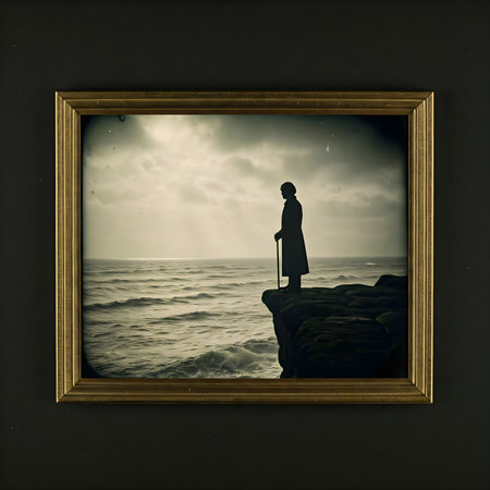 Man standing on edge of cliff and looking at the sea in golden frameの素材