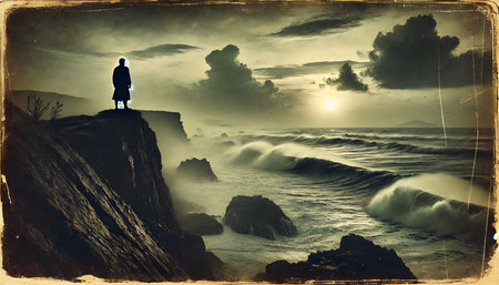 Silhouette of a man standing on the cliff and looking at the seaの素材