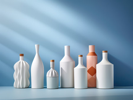 illustration with a blue background and light of different cosmetic style pots. design conceptの素材