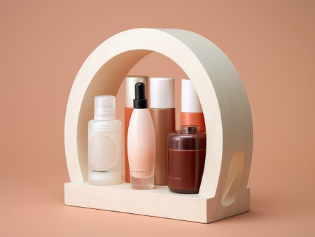 illustration of an arc-shaped shelf with different cosmetic pots inside. design conceptの素材