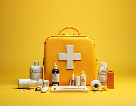 illustration of a first aid kit on yellow background, health conceptの素材