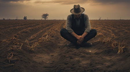 farmer sitting on the field floor looking down with all the dead plants, climate change conceptの素材