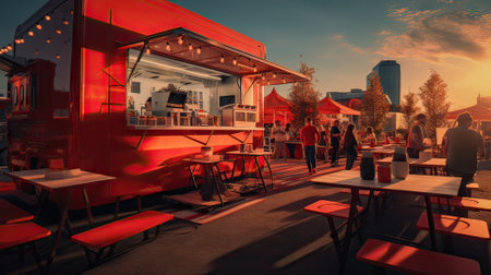 modern food truck with tables all around ready to serve food, restaurant conceptの素材