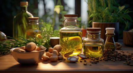 still life of oil and dried fruits and nuts and various spicesの素材