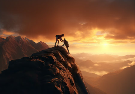 concept collaboration, woman helping her partner to reach the summitの素材