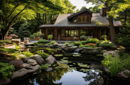 beautiful wooden house in the garden next to a small pond in japanese styleの素材