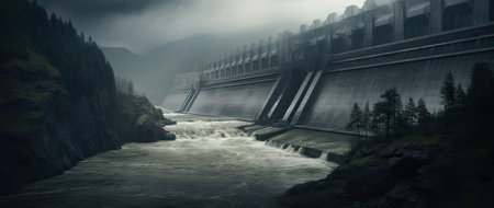 dam to generate renewable energy on a rainy day, clean energy conceptの素材