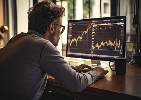 middle-aged businessman at computer controlled stock market, concept businessの素材