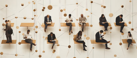 illustration of business people in front of laptops, all interconnected, business conceptの素材